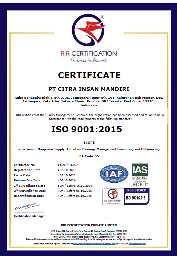 ISO 9001:2015 Certificate PT Citra Insan Mandiri
