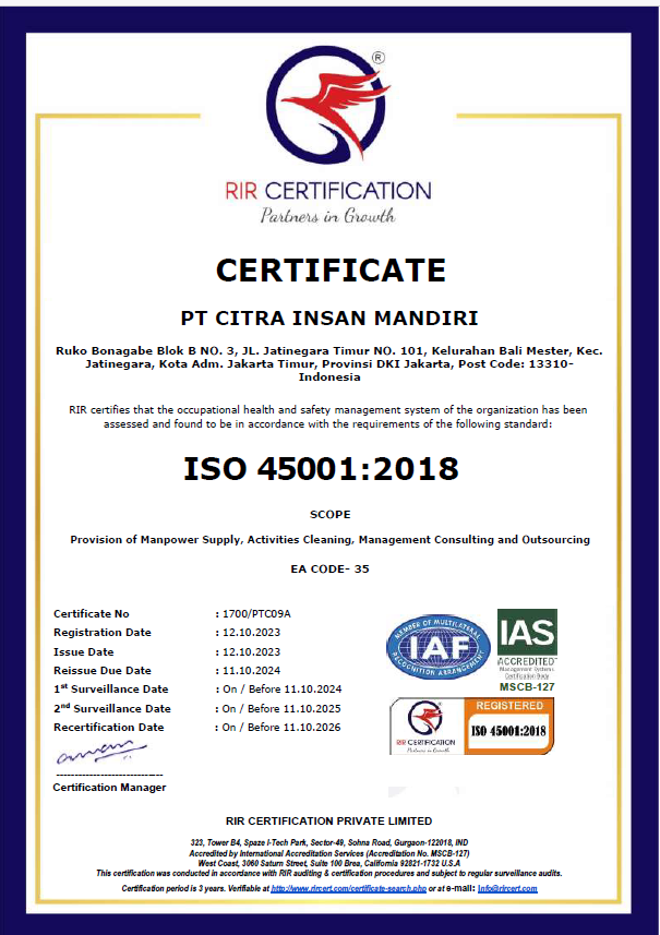 ISO 45001:2018 Certificate PT Citra Insan Mandiri